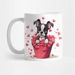 Cartoon Boston Terrier Dog in Hearts Basket Mug